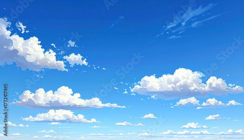 A wide clear blue sky with soft white clouds scattered naturally, bright daylight atmosphere