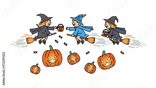 Witches and Pumpkins Halloween Illustration: Three cheerful witches on broomsticks fly in a whimsical Halloween scene, surrounded by cheerful pumpkins and candies, creating a festive atmosphere.