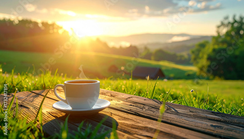 A peaceful morning landscape with warm sunlight, fresh green grass, coffee on a wooden