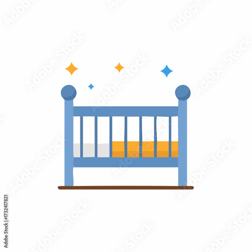 Blue Baby Crib with Mattress and Sparkling Stars Above, Nursery Furniture for Infants and Newborns