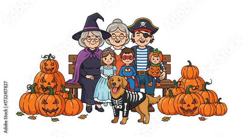 Halloween Gathering: A heartwarming scene unfolds as a multigenerational family, dressed in festive costumes, gathers joyfully amidst carved pumpkins and autumn foliage for a Halloween celebration.