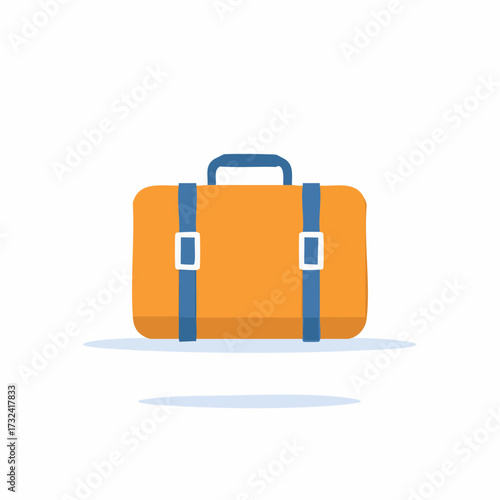 Orange travel suitcase with blue straps and handle, minimalist flat design illustration
