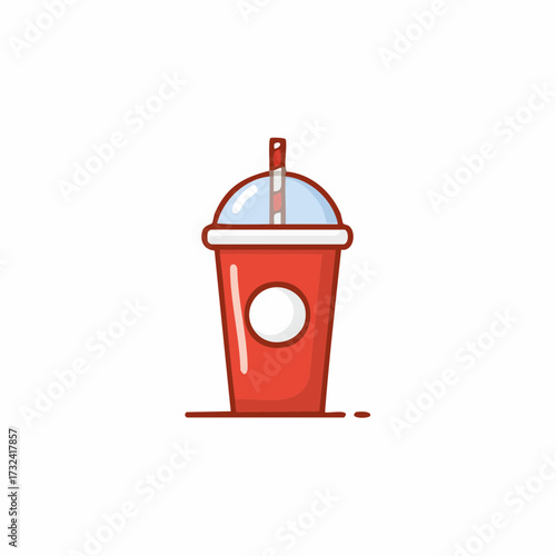 Red disposable cup with dome lid and straw flat vector illustration for cold beverage