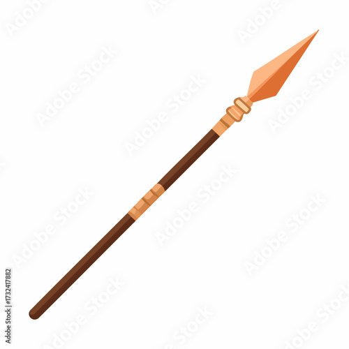 Ancient Spear Weapon: Bronze Age Warrior Tool with Sharp Point and Brown Wood Shaft for Hunting Combat