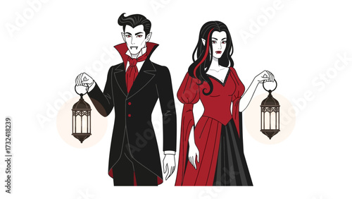 Nocturnal Whispers: An illustration depicts a vampire couple, clad in classic attire, illuminated by lanterns. They stand united in their enigmatic world. 