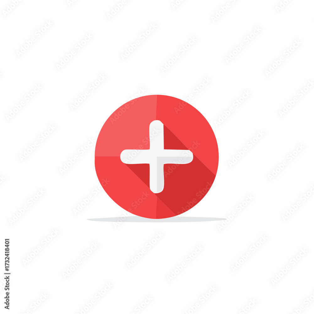 Obraz premium Red circle with white plus symbol used for addition, math, first aid, or medical care.