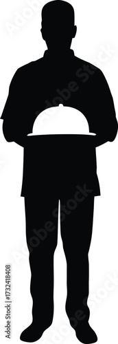 Full body silhouette of a person holding a serving platter