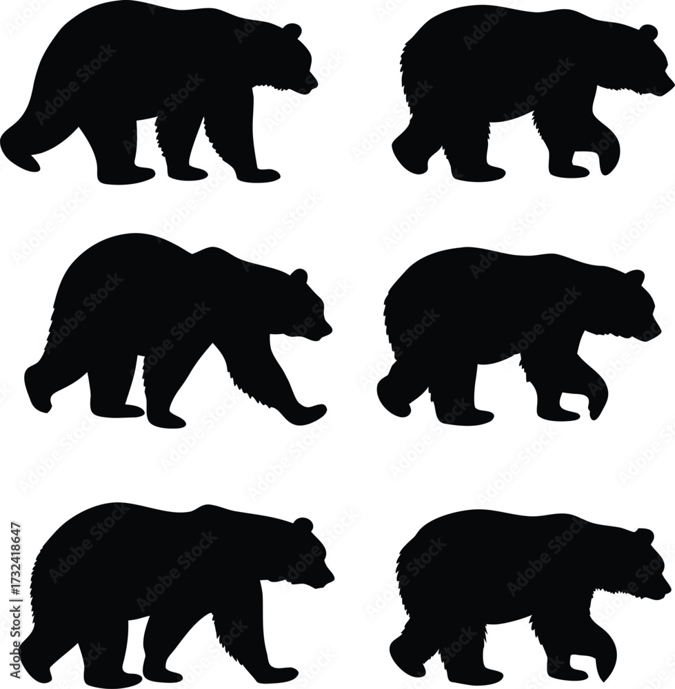 Fototapeta premium Six black bear silhouettes in different poses