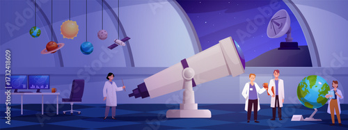 Observatory interior with telescope and planetarium, astronomy scientists observing space vector flat illustration
