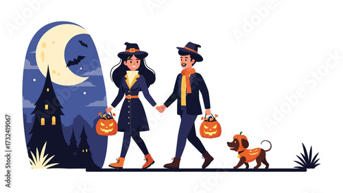 Halloween stroll under the moon: In a charming Halloween illustration, a couple, accompanied by their dog, stroll hand in hand under the moonlight.