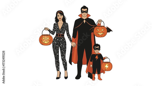 Halloween Family: A family dressed up in Halloween costumes, holding pumpkin pails, stand together for a spooky celebration, embodying the spirit of the holiday.