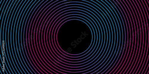 Abstract background with circle line pattern spin blue pink glitch light isolated on black background in the concept of music, technology, digital