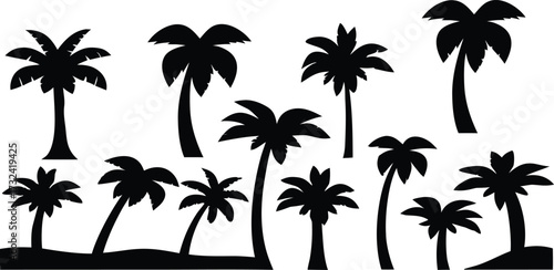 Collection of diverse palm tree silhouettes against a white background silhouette