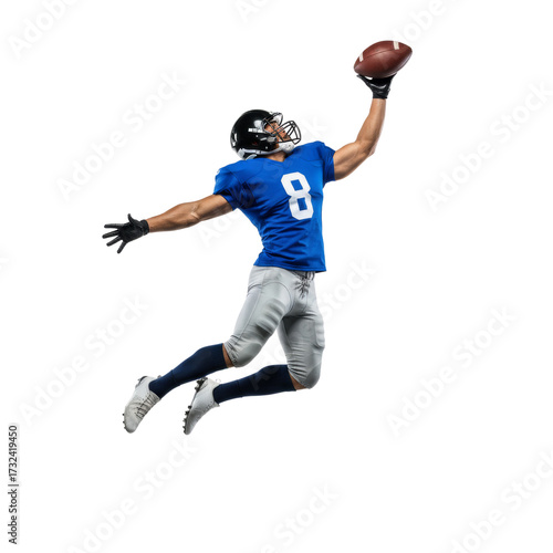 Dynamic football athlete soaring through air in action wearing blue uniform and helmet