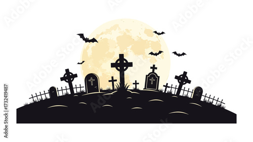 Spooky Cemetery Scene: Silhouette of a graveyard under a full moon. Featuring tombstones and flying bats to create a creepy Halloween atmosphere. 