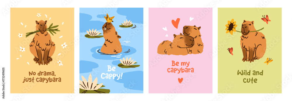 Fototapeta premium Designs of postcards with cute capibara set. Templates of Birthday or Valentine greeting cards with funny capybaras. Animals are swimming in water, relax together, cuddle. Flat vector illustrations.