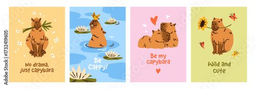 Designs of postcards with cute capibara set. Templates of Birthday or Valentine greeting cards with funny capybaras. Animals are swimming in water, relax together, cuddle. Flat vector illustrations.
