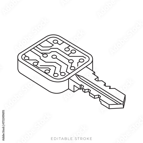 Digital Key Isometric Vector Outline Futuristic Cyber Authentication Icon