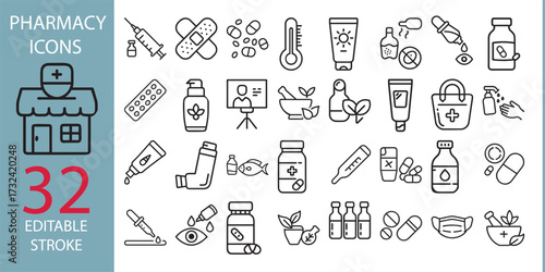 Pharmacy Line Icons. Editable Stroke. Pixel Perfect. For Mobile and Web. Contains such icons as Pharmacy, Pill, Capsule, Vaccination, Drugstore, Painkiller, Prescription, Syringe, Doctor, Hospital.
