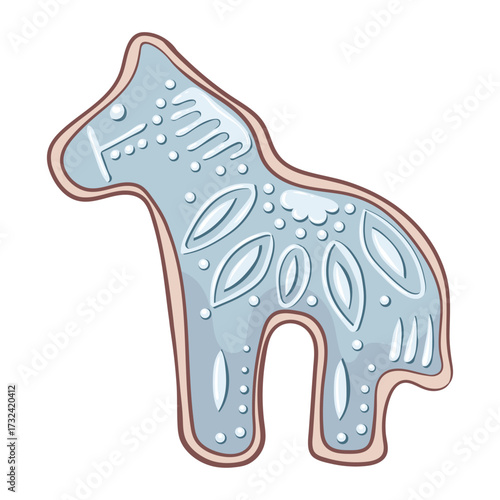 Homemade winter sweets. A cookie horse with a blue folk motif. Christmas ginger figurines featuring the symbol of the year. For banners, stickers, cards and scrapbook.