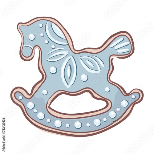 Homemade winter sweets. A cookie horse with a blue folk motif. Christmas ginger figurines featuring the symbol of the year. For banners, stickers, cards and scrapbook.