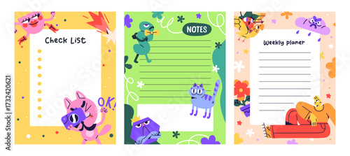 Set of to do list designs. Cute templates of sheets for planner with abstract characters. Funny paper for todo, notes, tasks. Colourful layouts of checklist with doodles. Flat vector illustrations