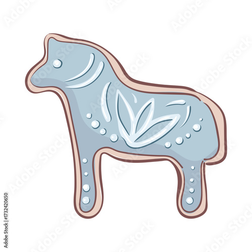 Homemade winter sweets. A cookie horse with a blue folk motif. Christmas ginger figurines featuring the symbol of the year. For banners, stickers, cards and scrapbook.