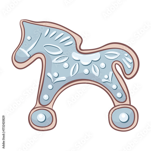Homemade winter sweets. A cookie horse with a blue folk motif. Christmas ginger figurines featuring the symbol of the year. For banners, stickers, cards and scrapbook.