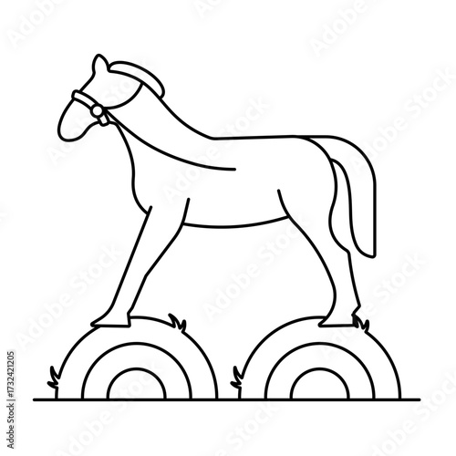 Horse line icon, farm animal standing on hay bale editable stroke vector illustration