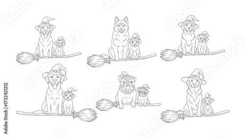 Halloween Dog Collection: A charming illustration of adorable dogs donning witch hats, gracefully riding broomsticks, capturing the enchanting spirit of the spooky season.