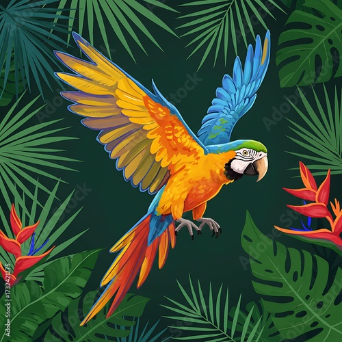 Vibrant Macaw Parrot Soaring Amidst Lush Tropical Foliage and Exotic Flowers