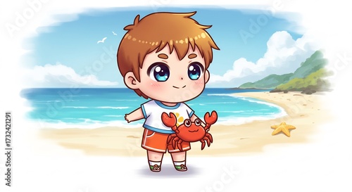Niño chibi feliz captura un pequeño cangrejo rojo en la cálida playa tropical bajo el sol veraniego ilustracion infantil