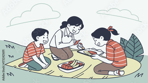 A mother and two children enjoying a picnic, preparing and sharing food together on a blanket.