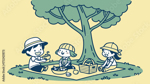 Three cute cartoon children enjoying a picnic together on a blanket under a large tree in a park.