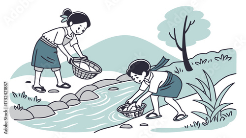 Two girls are depicted in a cartoon style, one standing and one bending, both holding baskets near a stream in a nature scene.