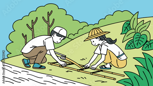 Two children building a raft on a riverbank with bamboo and rope.