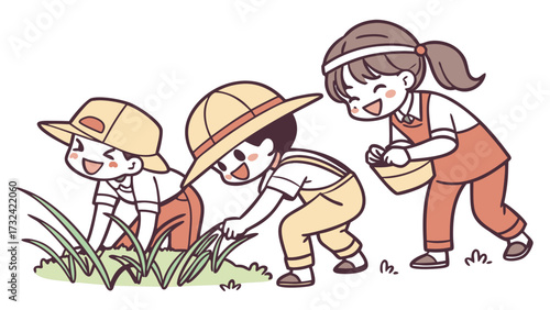 Three cheerful children exploring and gathering in a grassy field, smiling.