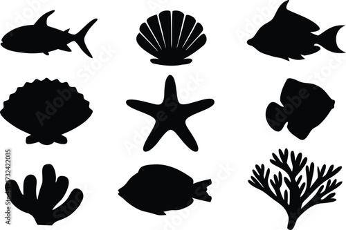 Collection of nine black marine life silhouettes including fish shells starfish and coral silhouette
