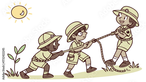 Three diverse children in safari outfits play a game of tug of war together outdoors on a sunny day.