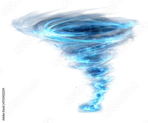 A swirling vortex of blue energy, resembling a tornado or hurricane, isolated on a transparent background, representing power, force, and natural phenomena