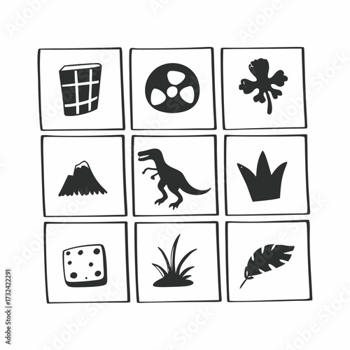 Dino-themed icons: A collection of monochrome icons showcasing essential elements. From the T-Rex to fern. This collection encapsulates the essence of dinosaurs.