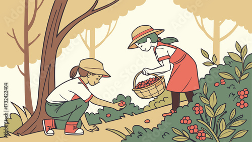 Two young girls in hats are picking berries in a forest, one reaching for berries on the ground and the other holding a basket full of berries.