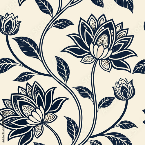 Floral Elegance Pattern: Intricate floral pattern design in navy and cream, exuding a sense of sophistication, creating a harmonious balance of organic forms and refined aesthetics.