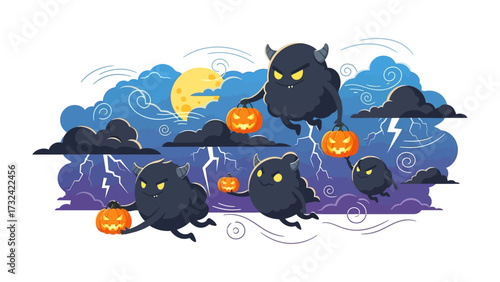 Whimsical Halloween: Animated imp characters, adorned with pumpkins, gracefully float amid a backdrop of eerie skies. Capturing the spectral beauty of Halloween's ethereal nature.