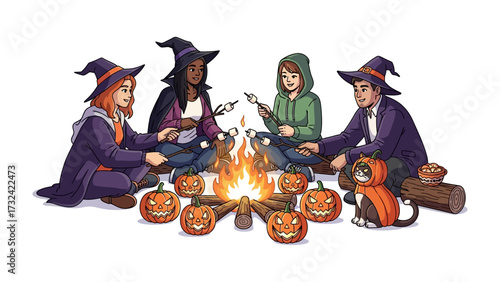 Gathering of the Coven: A gathering of young individuals, adorned in witch hats and cloaks, huddles around a crackling bonfire. In the enchanting warmth.