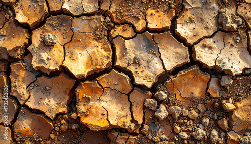 High detail texture of dry soil surface, natural earthy brown color, with cracks and dust
