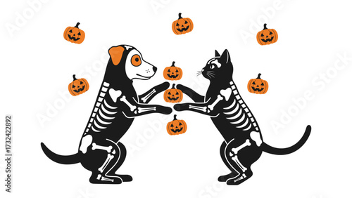 Halloween Companions: A playful illustration captures the whimsical spirit of Halloween as a black cat and a dog, both adorned in skeletal costumes.