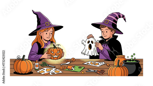 Halloween Crafting Fun: Two children, adorned in whimsical witch hats, are gleefully engrossed in carving a Jack-o'-lantern and crafting a spectral ghost, embodying the spirit of Halloween.