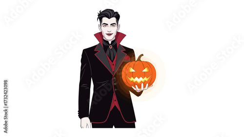 Stylish Vampire Holding Halloween Pumpkin: A dapper vampire figure, styled in an elegant suit, holding a glowing Jack-o'-lantern pumpkin. perfect for halloween themed events 