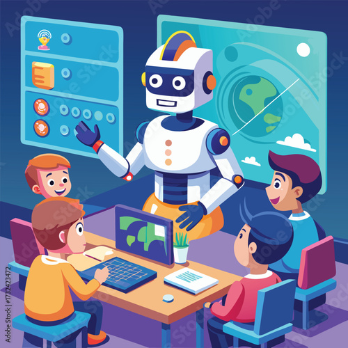 Artificial Intelligence Robot Teaching Science to Students in Digital Futuristic Classroom